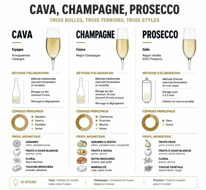Infographie comparative des vins effervescents : Cava espagnol, Champagne français et Prosecco italien.