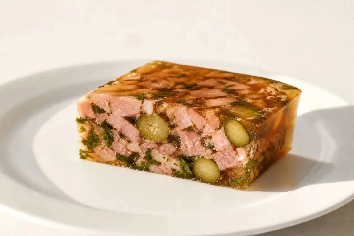 Gelée au madère en aspic froid avec jambon persillé et herbes, présentation élégante en assiette