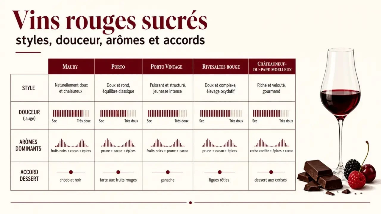 Infographie comparative sur les vins rouges sucrés avec styles, arômes et accords desserts