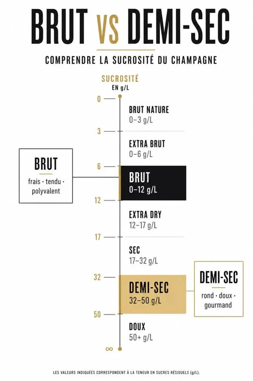 Différence brut et demi sec : infographie comparative sur l’échelle de sucrosité du champagne