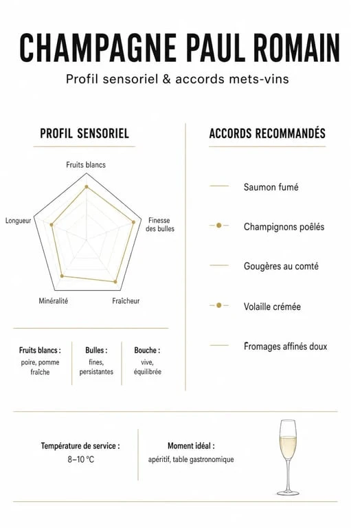 Infographie du profil sensoriel et accords mets-vins du Champagne Paul Romain
