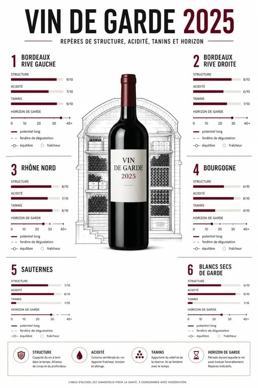 Infographie sur le vin de garde 2025 avec comparaison des régions, cépages et horizons de conservation