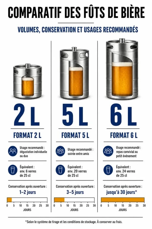 Infographie comparative des formats de fûts de bière 2L, 5L et 6L pour choisir son fût de bière 5l idéal