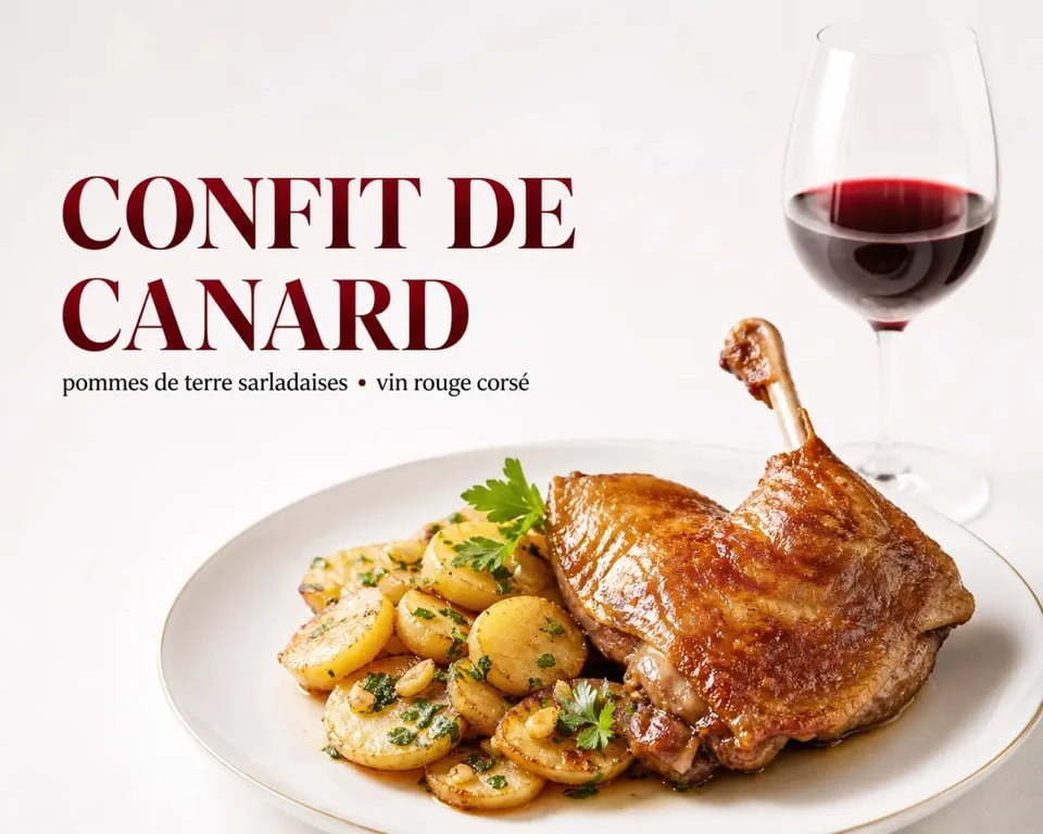 Assiette de confit de canard avec pommes de terre et verre de vin rouge pour accompagner le plat