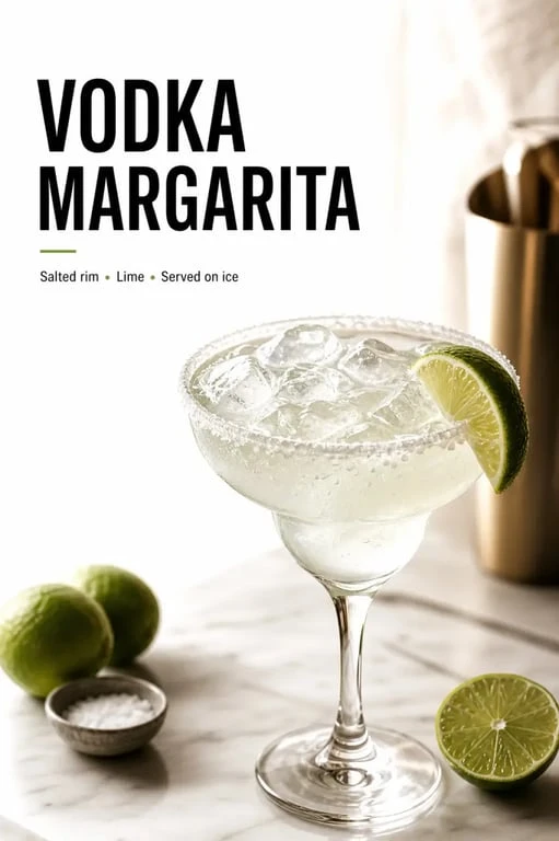 Vodka margarita cocktail servi sur glace avec bord salé et quartier de citron vert