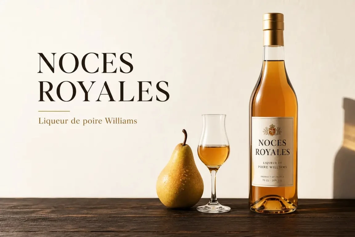 Noces Royales, bouteille de liqueur française avec poire Williams et verre de dégustation