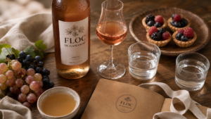 Floc de Gascogne : verres blanc rosé et rouge, tartelettes aux fruits rouges