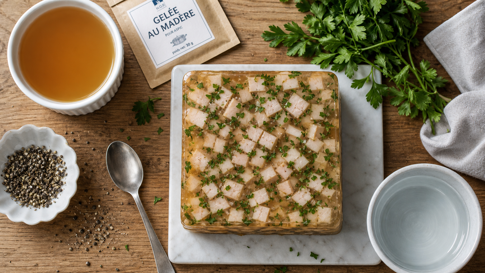 Gelée au madère en terrine, tranches et persil sous gelée