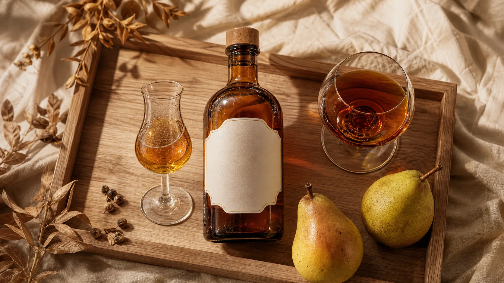 Noce royale : liqueur cognac et poire Williams, ambre et poires mûres
