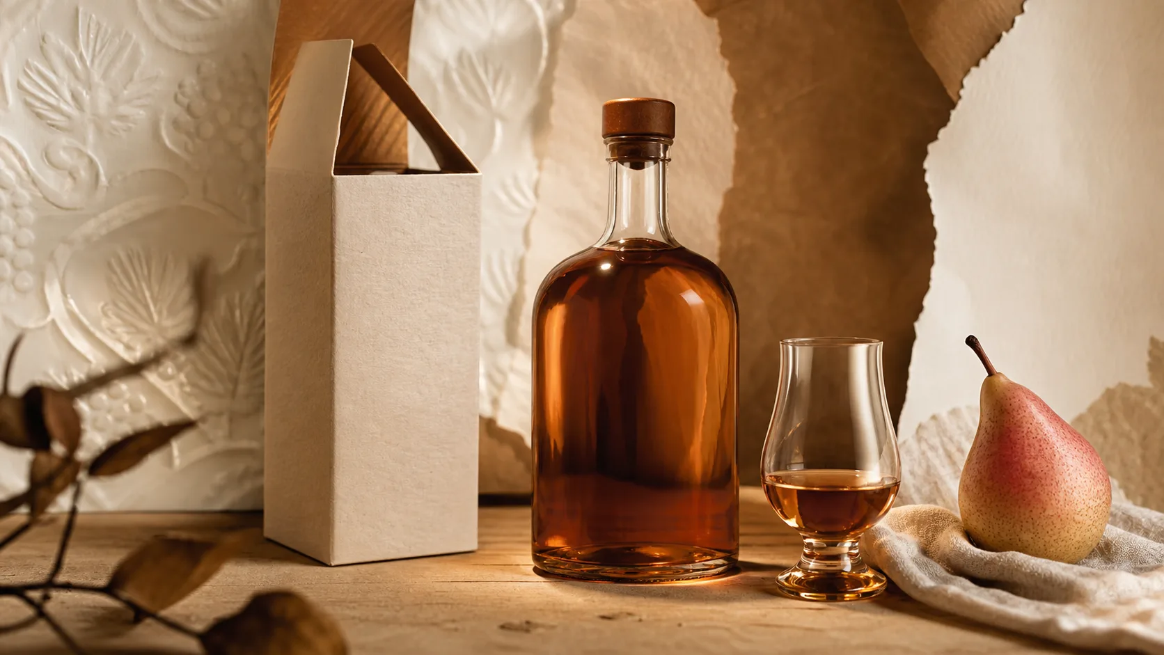 Noce royale : liqueur cognac poire Williams légère, bouteille et verre