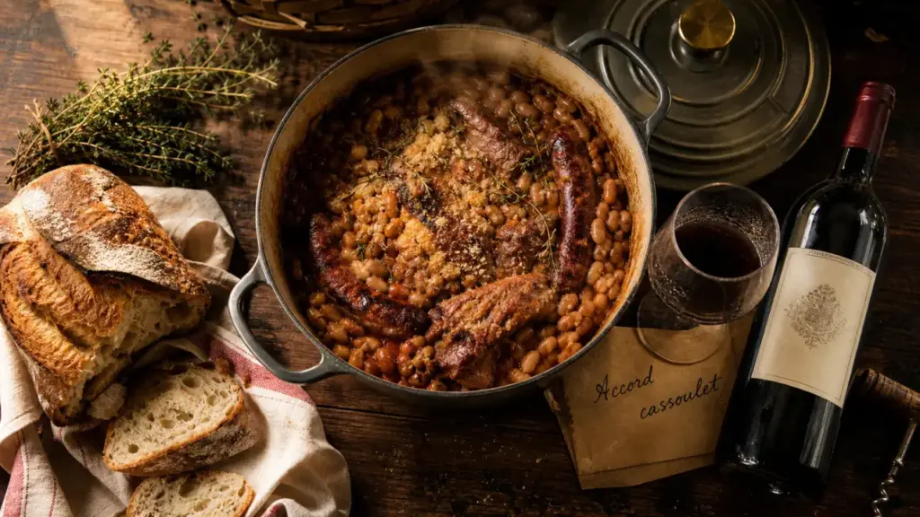 Que boire avec un cassoulet : vin rouge du Sud-Ouest et cocotte fumante