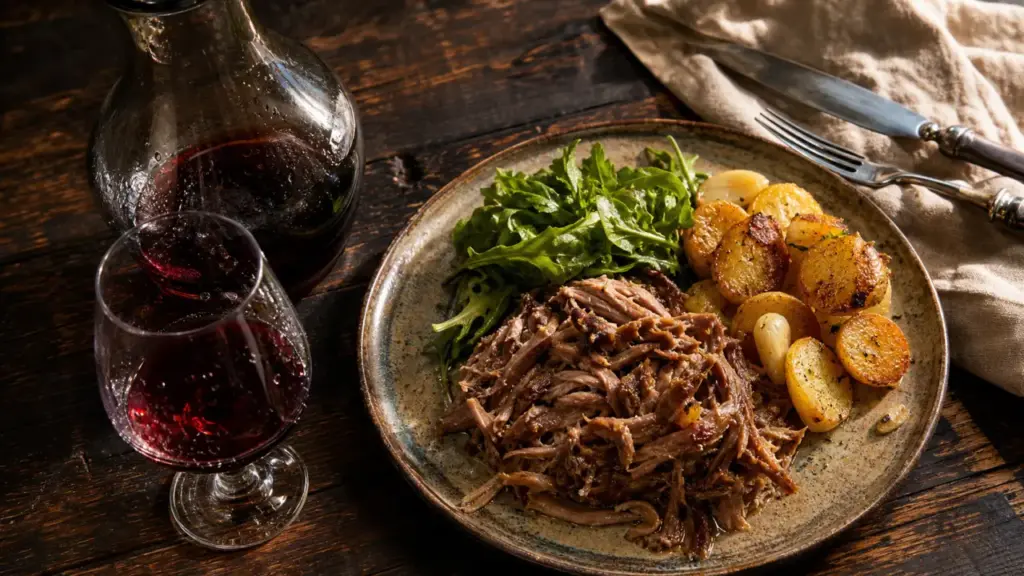 Quel vin avec un confit de canard : confit et vin rouge rubis sur table en bois