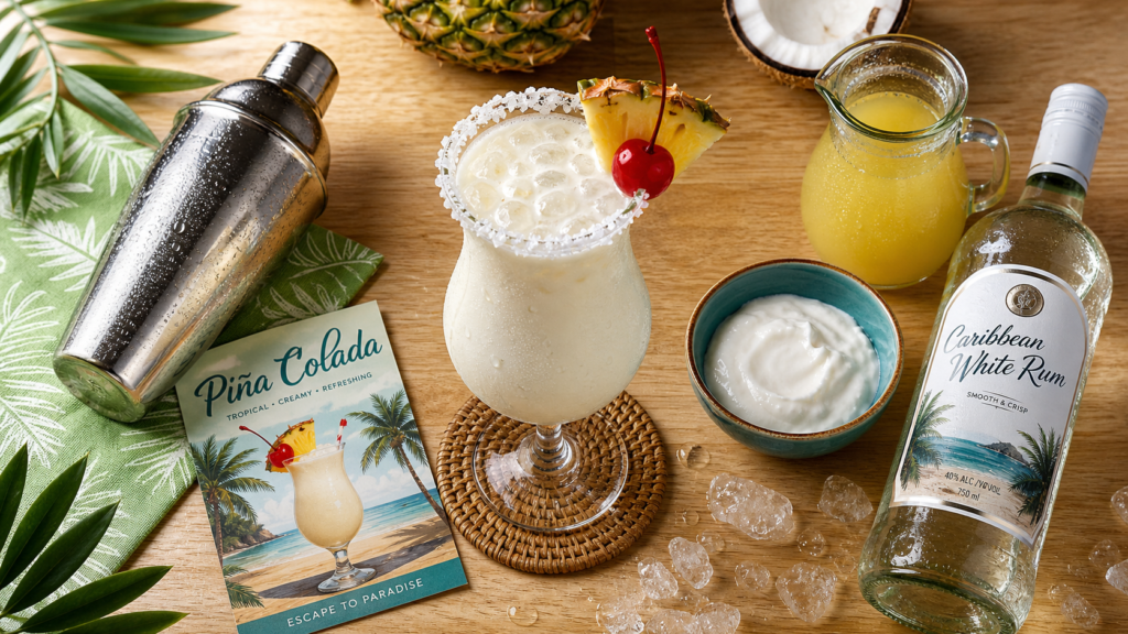 Recette pour pina colada : verre piña colada, ananas et glace pilée