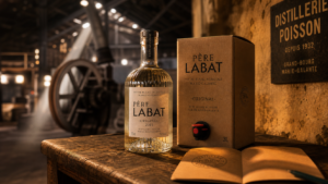 Bouteille rhum labat Père Labat sur table près de la distillerie Poisson à Marie-Galante