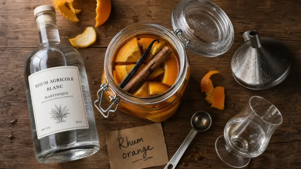 rhum orange maison : oranges macérant dans du rhum ambré