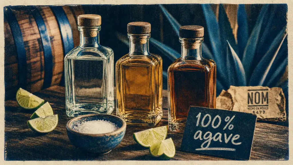 Tequila mexicaine : bouteilles blanco, reposado et añejo, 100% agave