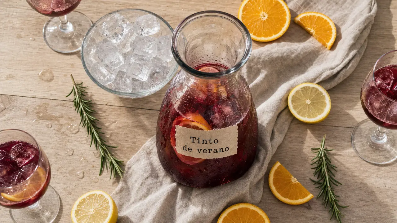 Tinto de verano recette 50/50 vin rouge léger et soda citronné, carafe et glaçons