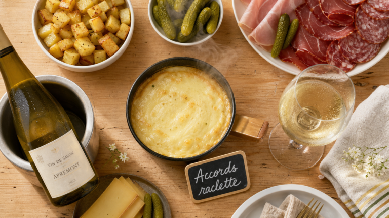 Vin avec la raclette : verre de vin blanc et plateau de raclette
