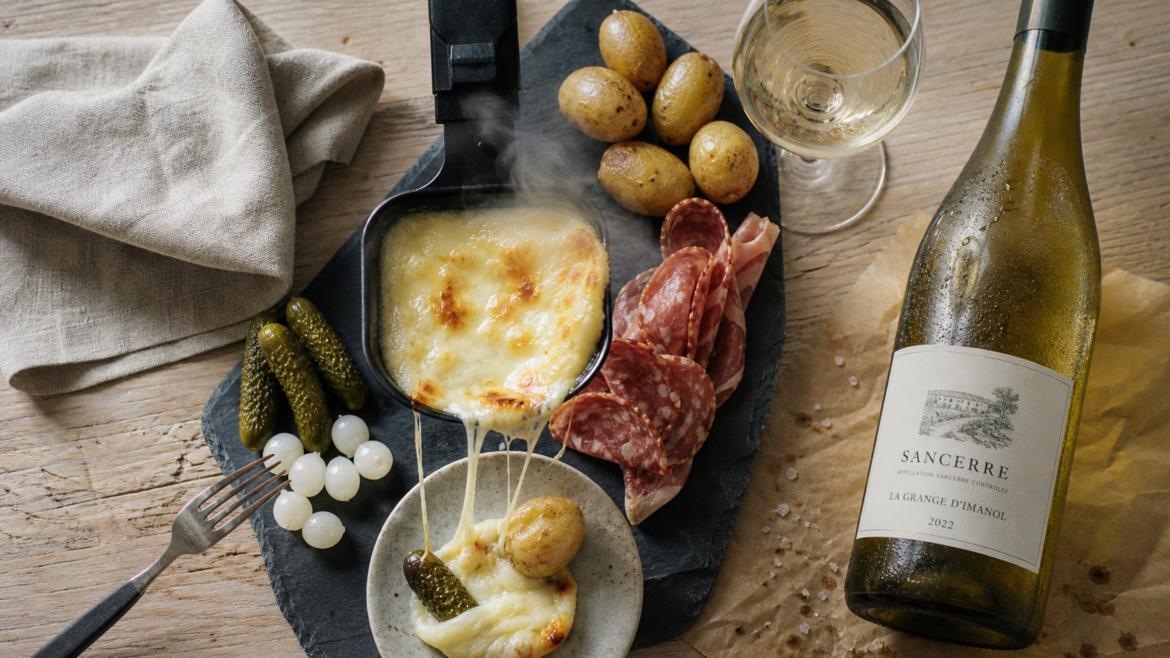 Vin avec la raclette : blanc sec et fromage fondu, table en bois