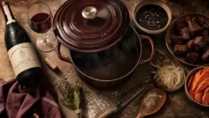 Vin rouge pour cuisiner boeuf bourguignon, cocotte et sauce