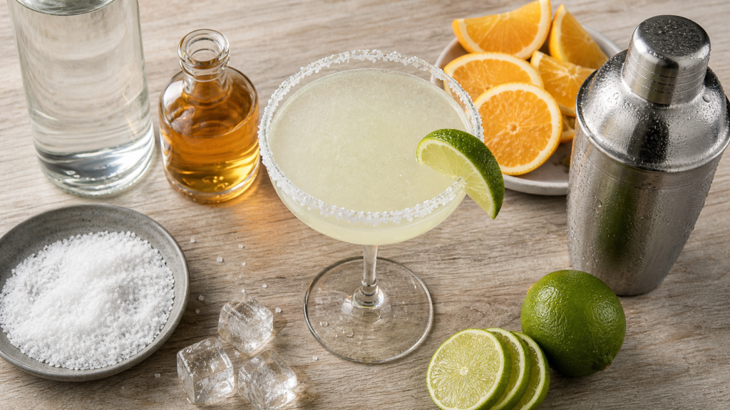 Vodka margarita cocktail : verre à bord de sel, lime et vodka