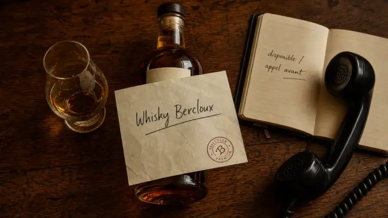 Whisky bercloux : fiche et bouteille sur table bois, point de vente