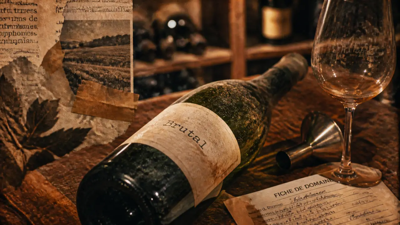 Brutal vin nature en cave, bouteille et étiquette sauvage