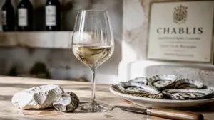 Chablis vin blanc frais et minéral, verre avec craie et huîtres