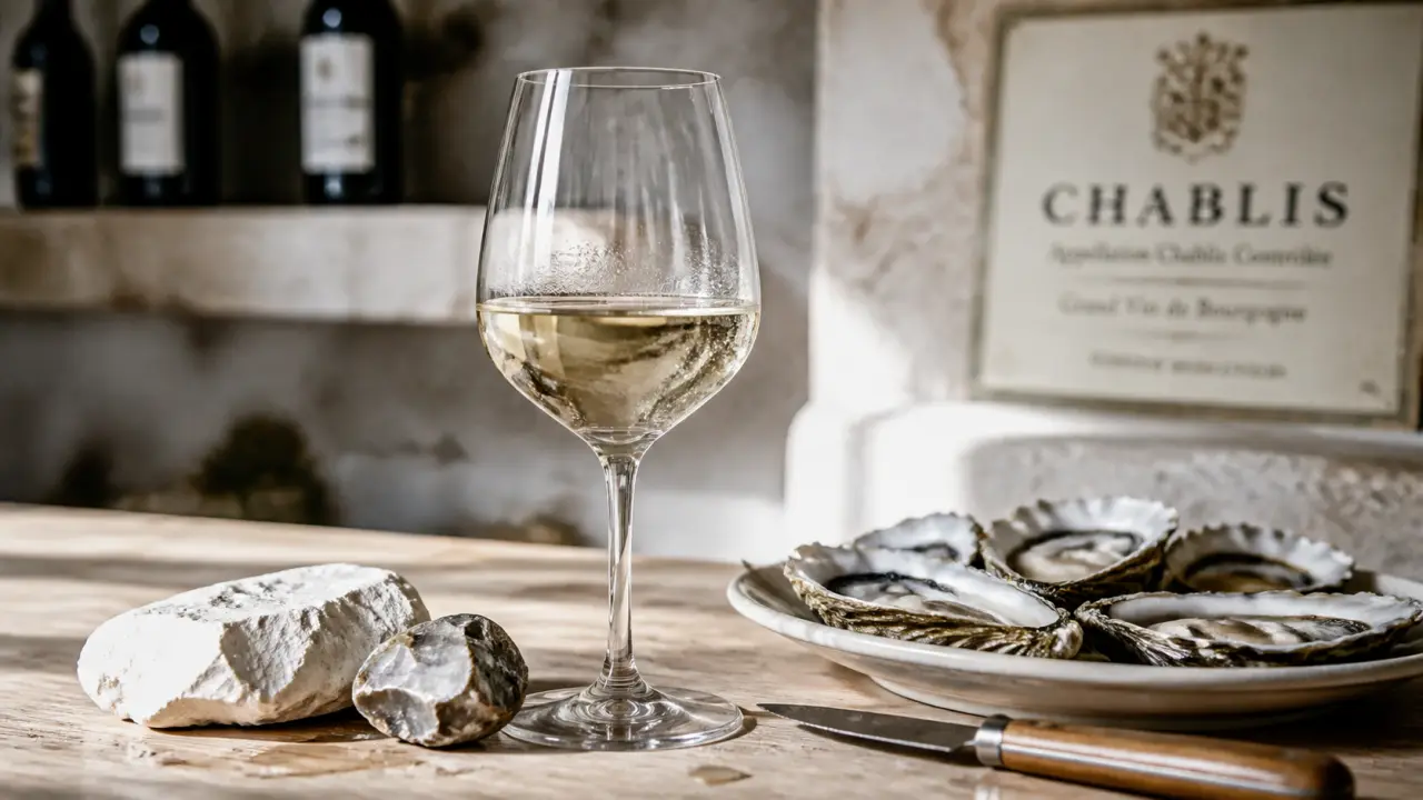 Chablis vin blanc frais et minéral, verre avec craie et huîtres