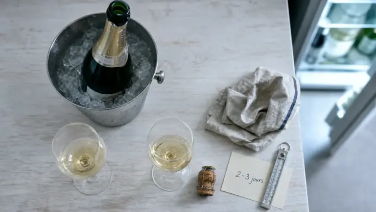 Champagne au frigo combien de temps : 2 à 3 jours ouvert, seau à glace et verres