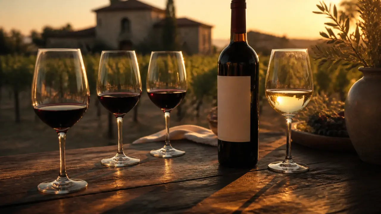 Cheval blanc vin, dégustation : verre et bouteille au soleil couchant