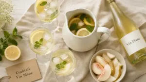 Cocktail vin blanc frais avec citron et menthe, spritz glacé