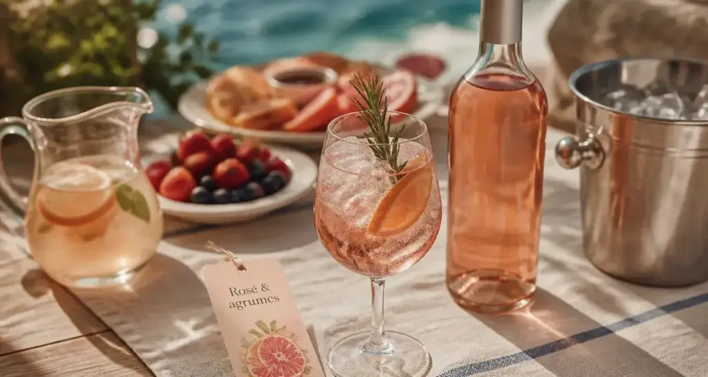 Cocktail vin rosé spritz rosé aux agrumes sur table Riviera
