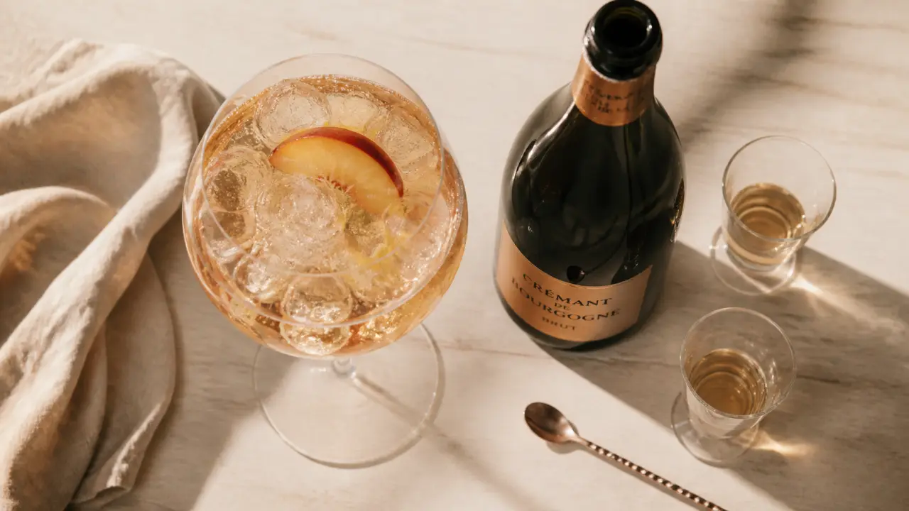 Creme de peche dans un verre, glaçons et pêche