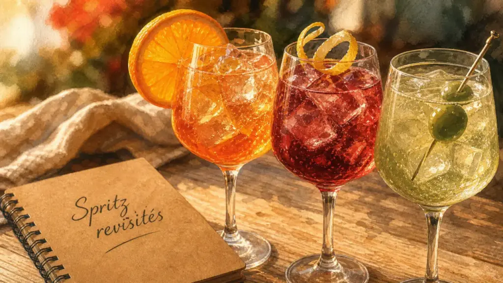 different spritz : Aperol, Hugo ou Limoncello, verres au Prosecco et glaçons