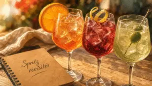 different spritz : Aperol, Hugo ou Limoncello, verres au Prosecco et glaçons