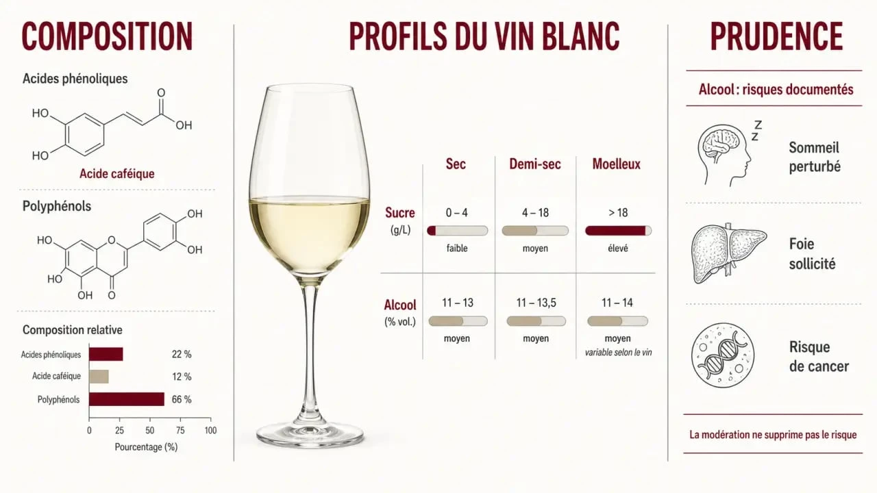 Le vin blanc est il bon pour la santé : schéma comparant antioxydants, sucre, alcool et risques pour la santé