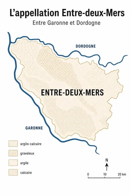 Carte de l’appellation vin blanc entre deux mers entre Garonne et Dordogne