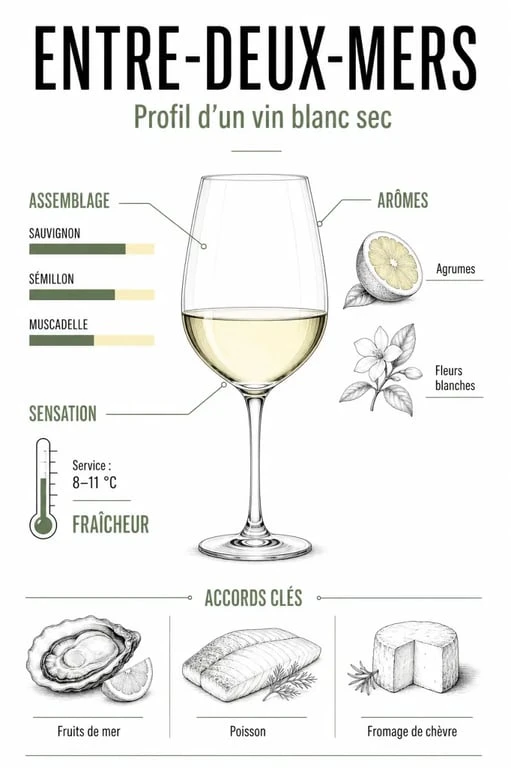 Profil du vin blanc entre deux mers avec cépages, service et accords