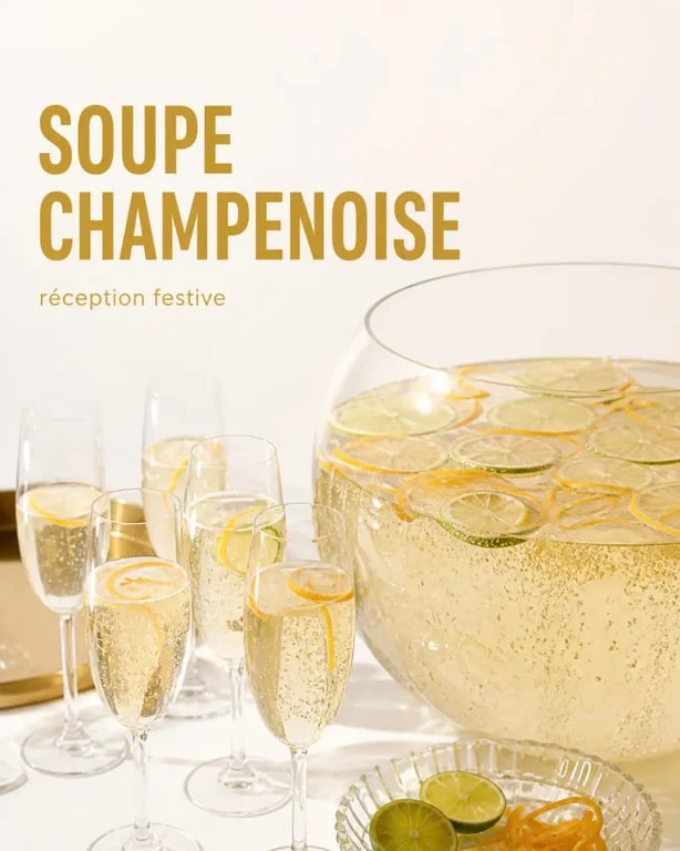 Recette soupe champenoise pour 20 personnes servie en grand saladier à punch avec flûtes festives
