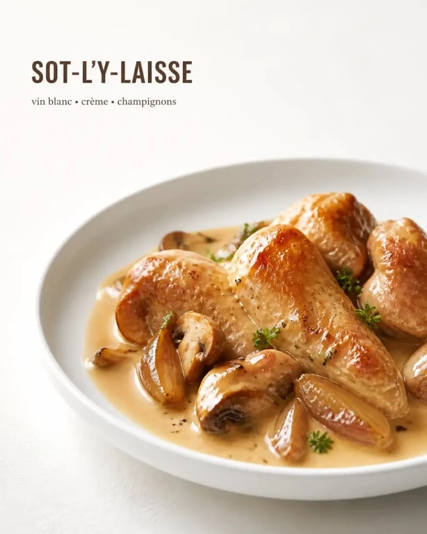 Recette sot l y laisse de dinde au vin blanc dressée en assiette avec sauce crémeuse