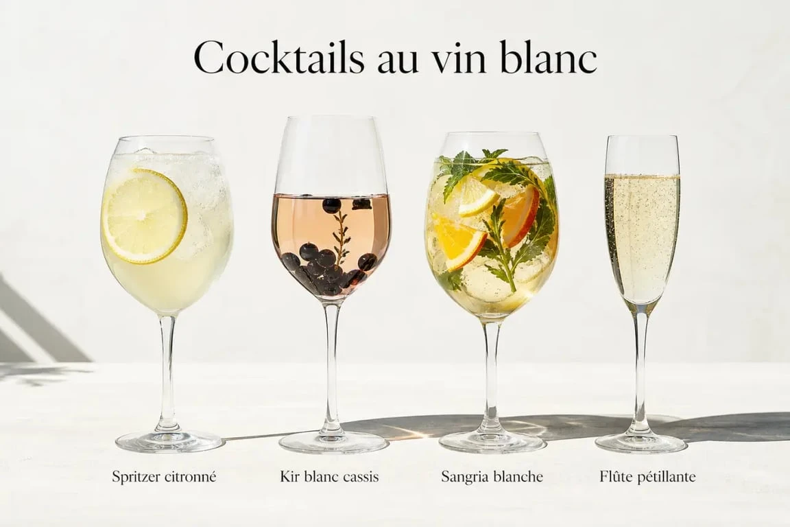 Cocktail vin blanc servi en assortiment sur une table d’été, avec spritzer, kir blanc cassis et sangria blanche
