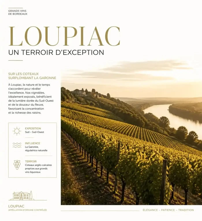 Vignoble de l'appellation Loupiac vin blanc sur les coteaux de la Garonne