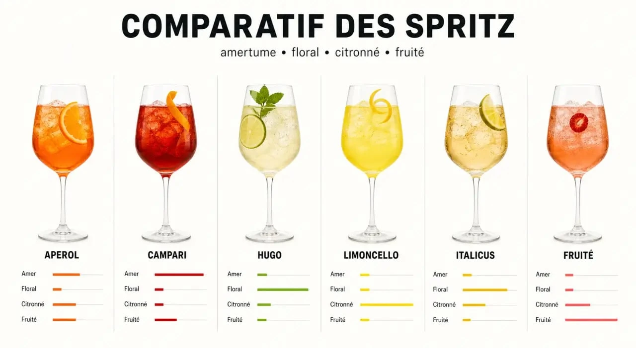 Comparatif des différents spritz avec Aperol, Campari, Hugo, Limoncello et variantes fruitées