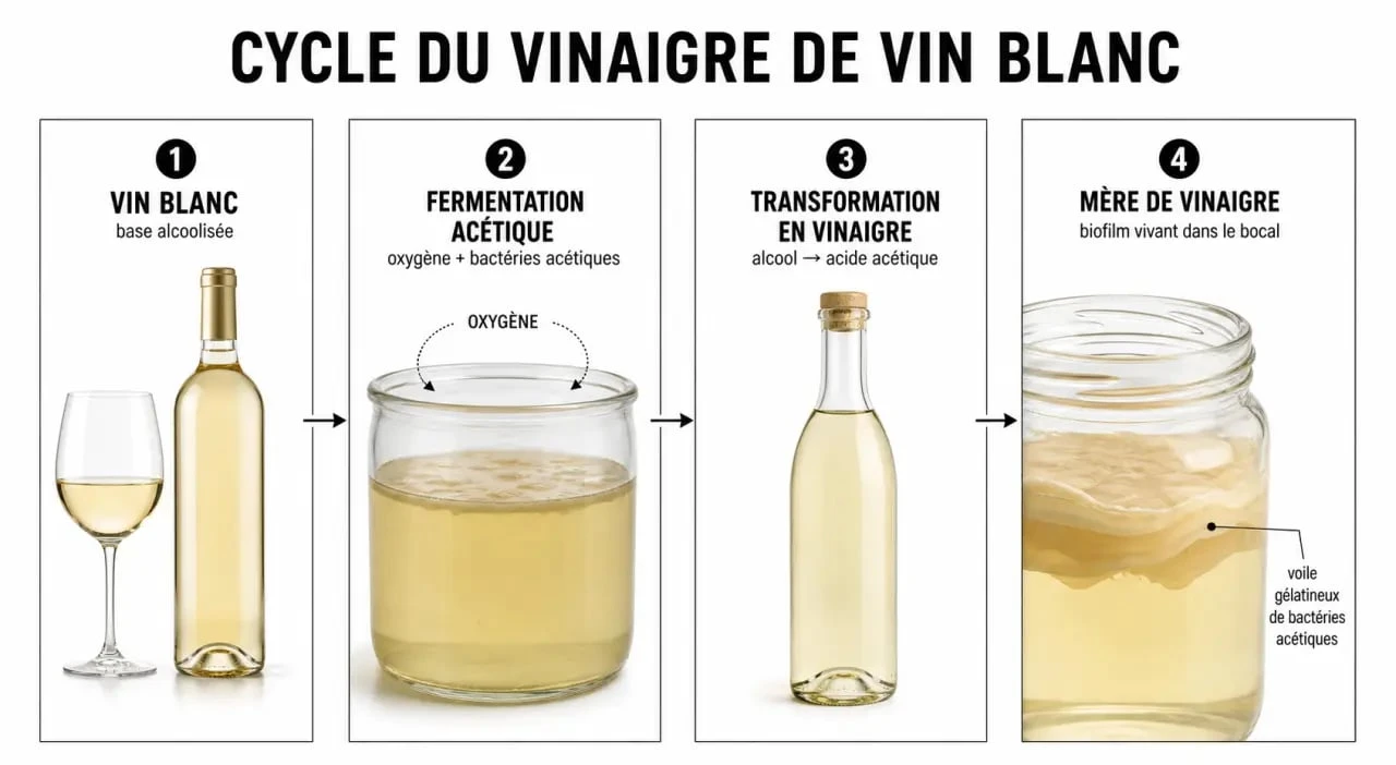 Vinaigre de vin blanc : schéma éditorial du cycle de fabrication et de la mère de vinaigre