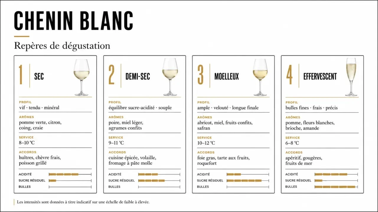 Chenin blanc vin : comparaison visuelle des styles sec, demi-sec, moelleux et effervescent