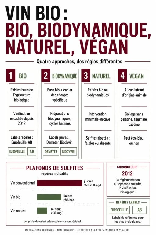 Vin bio : comparaison visuelle entre bio, biodynamique, naturel et végan avec labels et sulfites