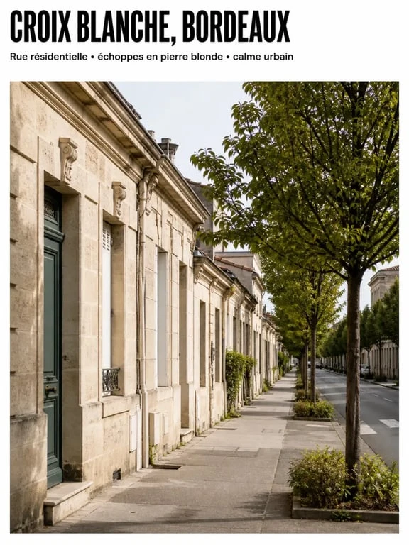 Bordeaux Croix Blanche : rue résidentielle bordelaise avec façades en pierre blonde et ambiance calme