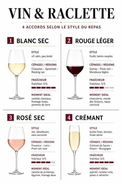 Vin blanc avec la raclette : comparatif visuel des accords blanc sec, rouge léger, rosé sec et crémant