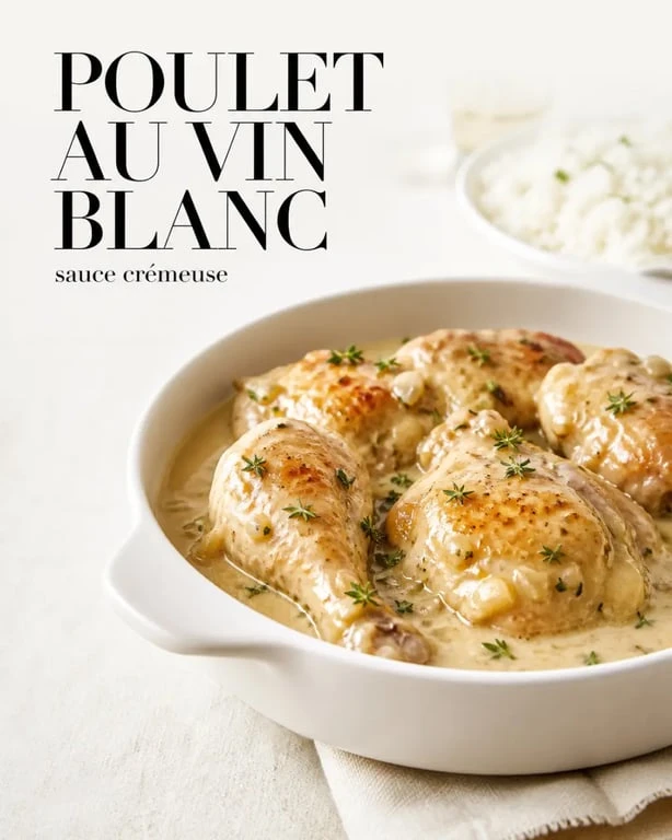 Recette poulet au vin blanc crémeux servi en cocotte avec sauce nappante